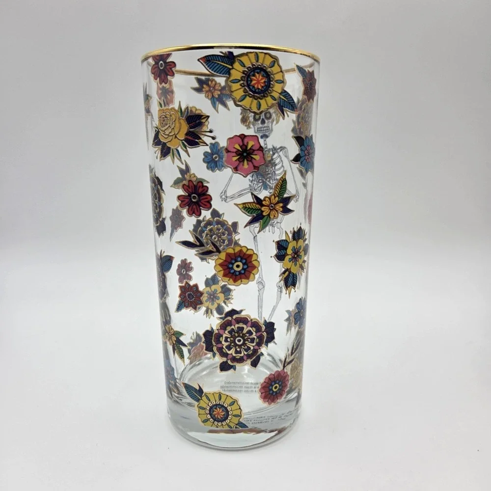 Set Of 4 Williams Sonoma Day Of The Dead Highball Glasses Halloween 16oz   NEW